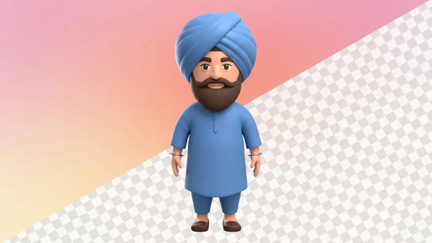 3D Sikh man avatar blue turban traditional outfit