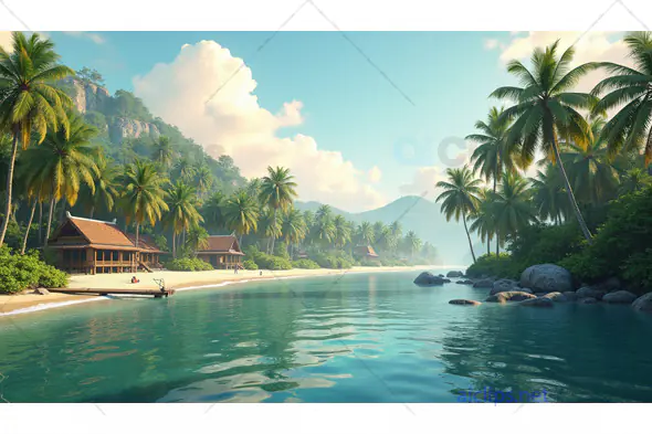 Tropical Beach Paradise with Palm Trees and Huts