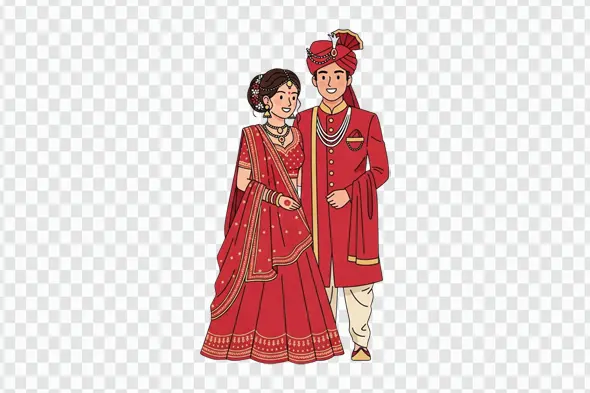 Indian Wedding Couple in Traditional Red Attire Clipart PNG