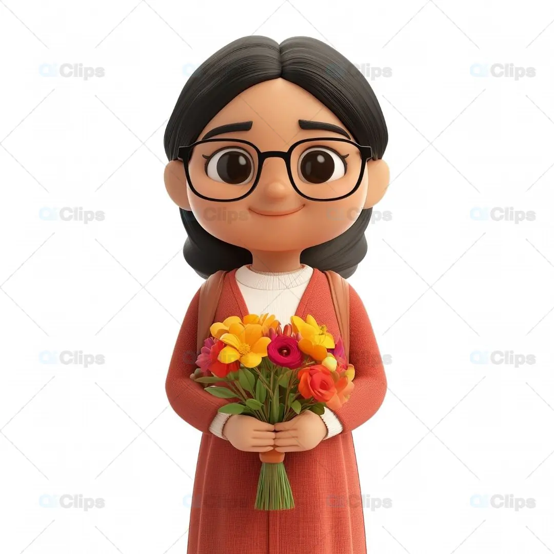 3D Girl Avatar Holding a Bouquet of Flowers