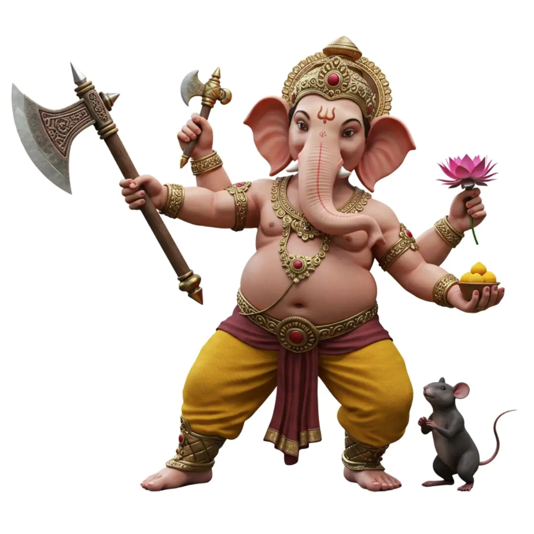 Ganesha Wielding Axe with Mouse Companion PNG