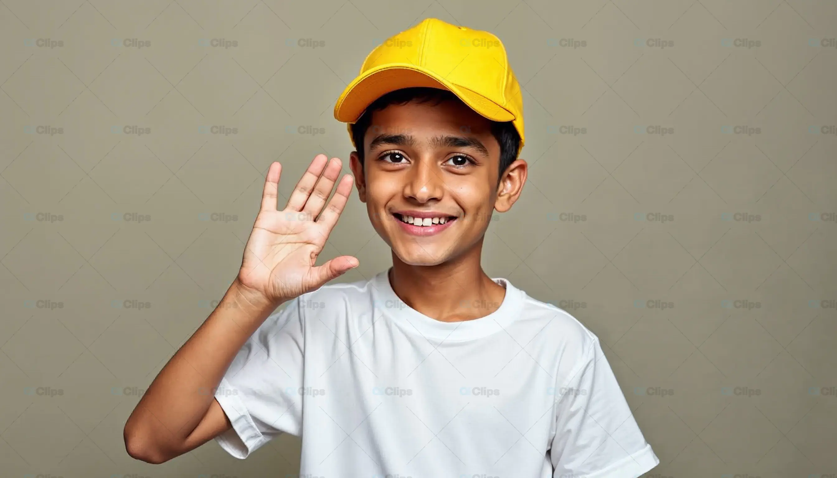 Smiling Boy in Yellow Cap Waving