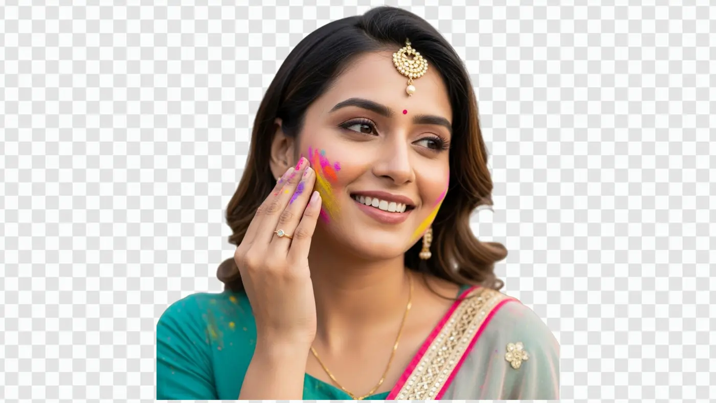 Smiling Indian Woman Celebrating Holi Festival PNG Clipart