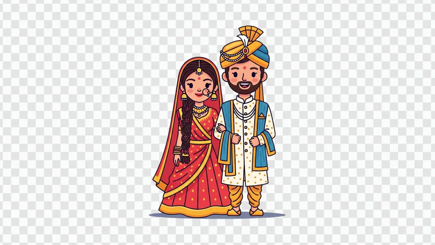 Indian Wedding Couple Traditional Attire Cartoon Clipart PNG