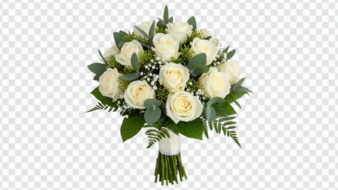 Elegant White Rose Wedding Bouquet with Greenery PNG