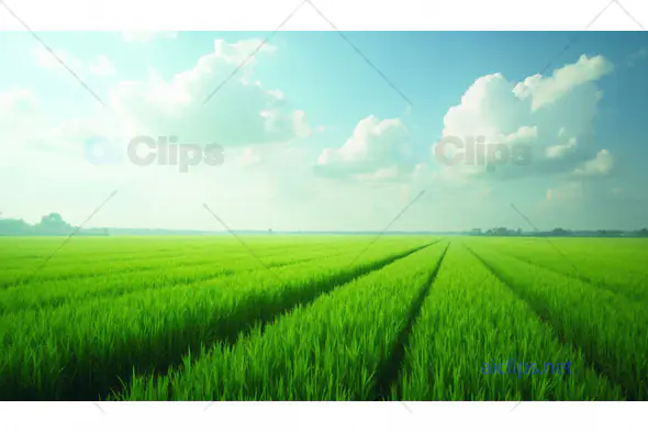 Green Field with Cloudy Sky and Crop Lines