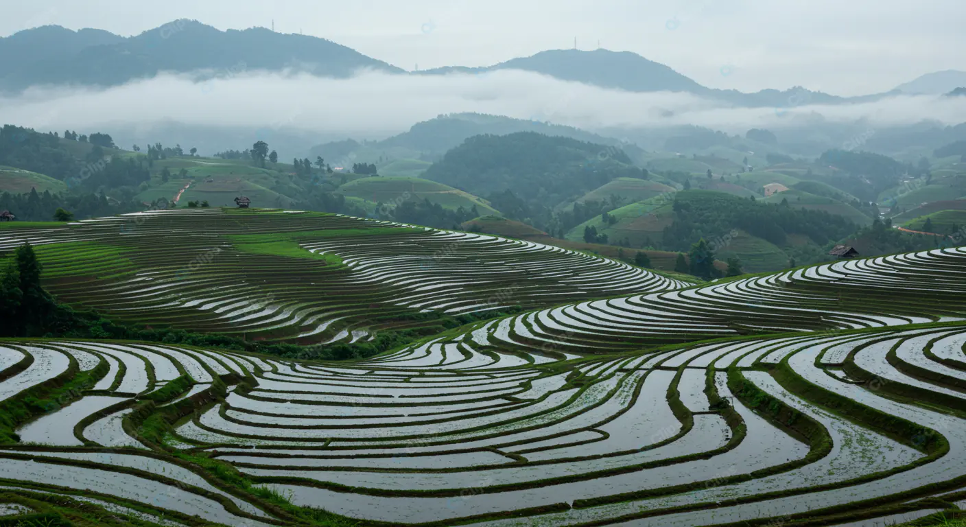 Terraced Rice Fields in Misty Mountains