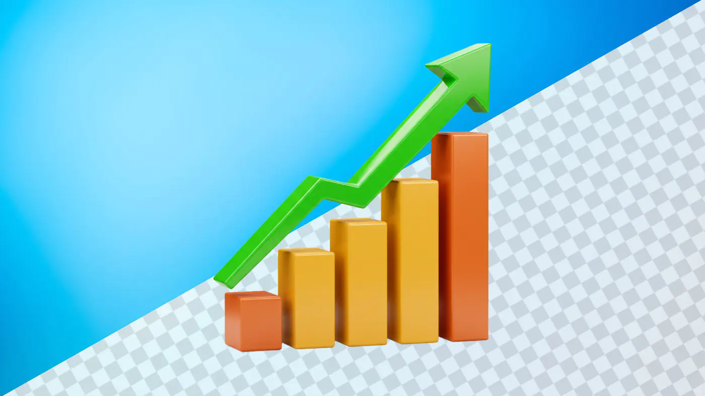 Colorful rising bar graph with green arrow