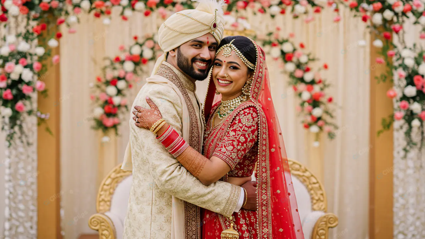Newlyweds' Joyous Embrace at Floral Mandap