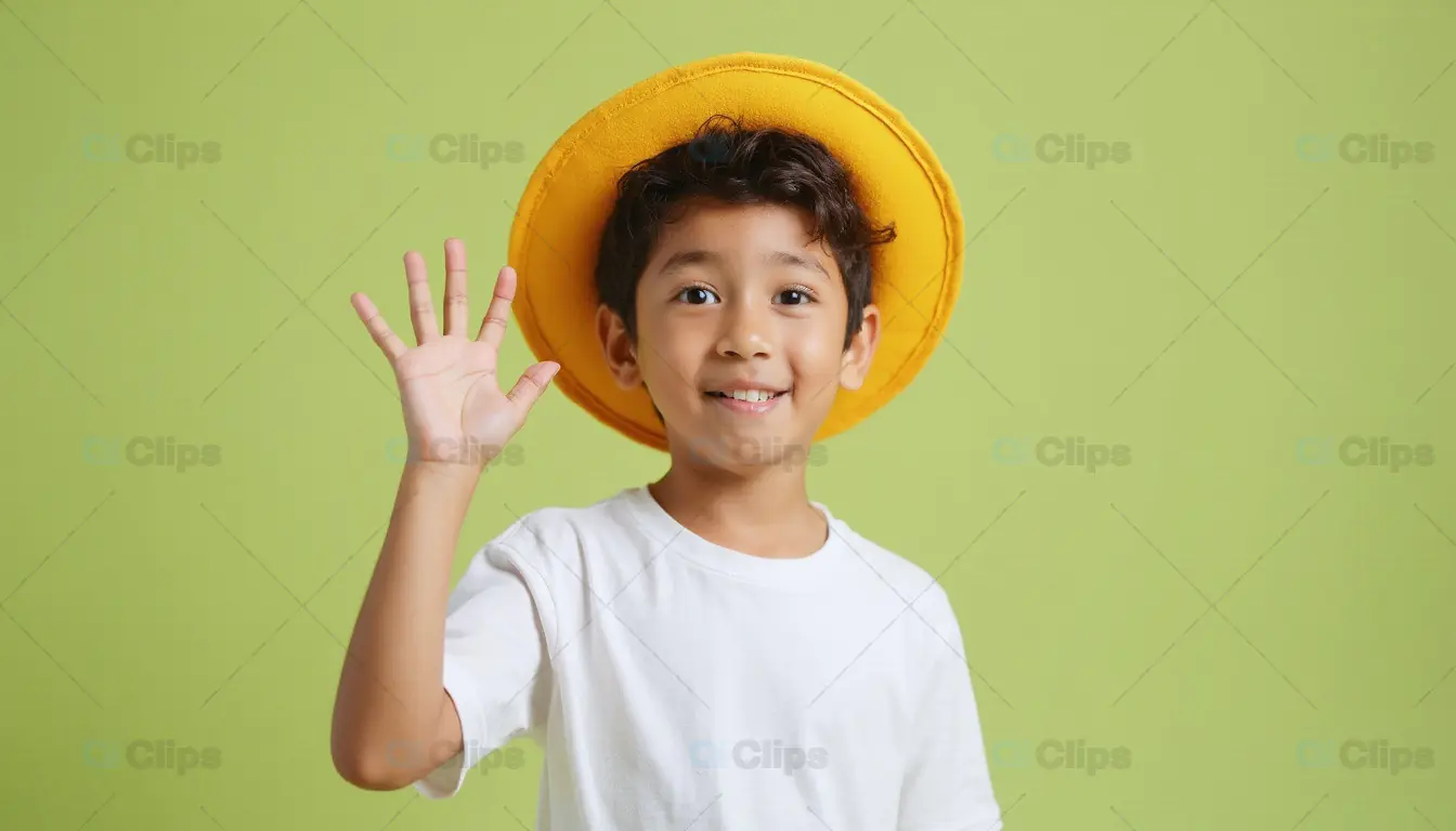 Happy Boy Waving in Yellow Hat