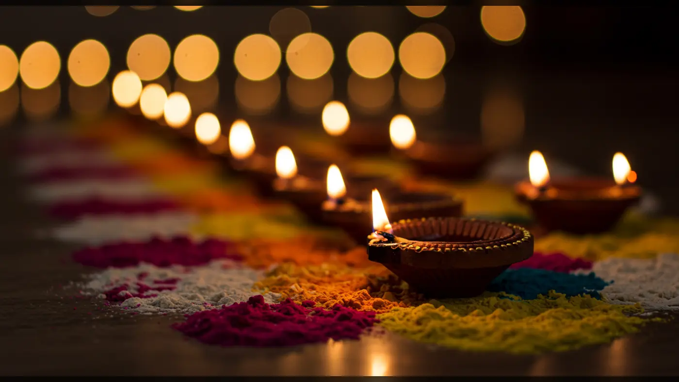 Colorful Rangoli with Diwali Diyas and Golden Bokeh Lights | AIClips Indian Festive Visual