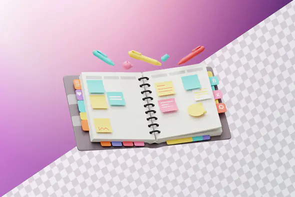 Colorful planner with sticky notes and floating pens