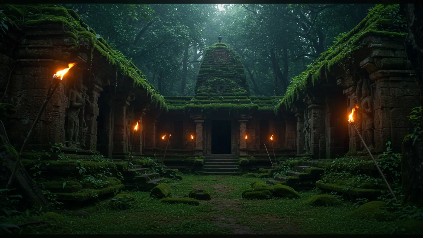 Mossy Ancient Temple Courtyard with Torches – Abandoned Indian Heritage Site in Jungle
