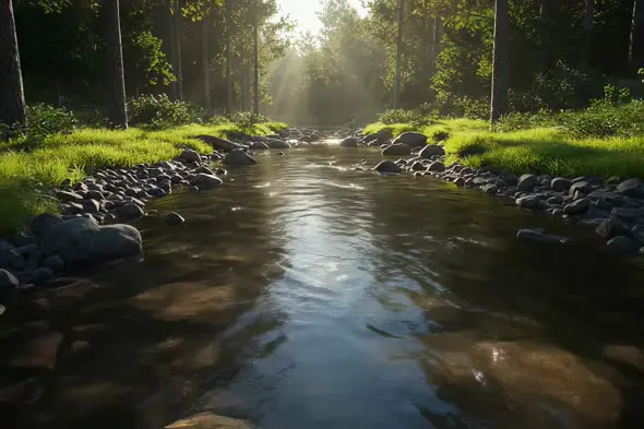 Serene Forest Stream Sunlight Illuminating Nature Scenery