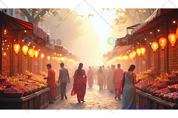 Traditional Indian Street Market at Sunset with Lanterns