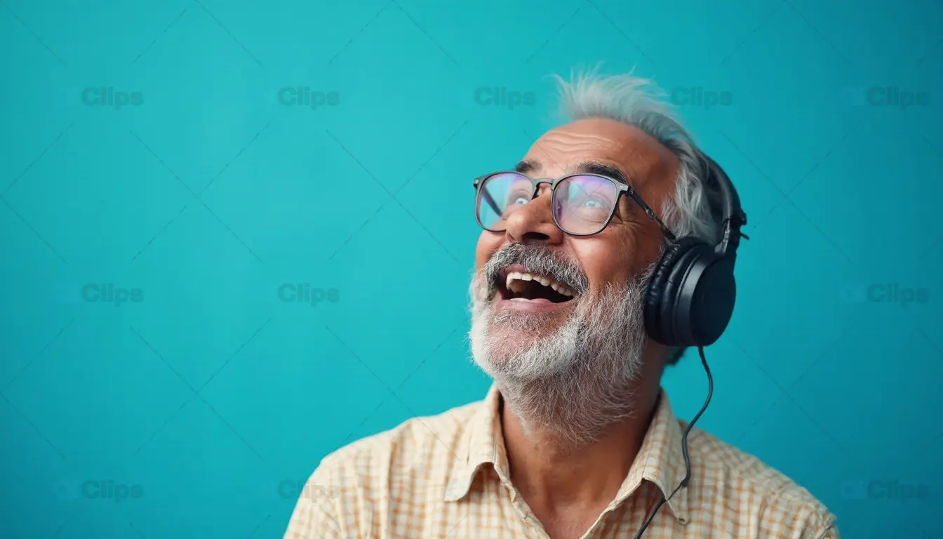 Happy Elderly Man with Headphones and Glasses