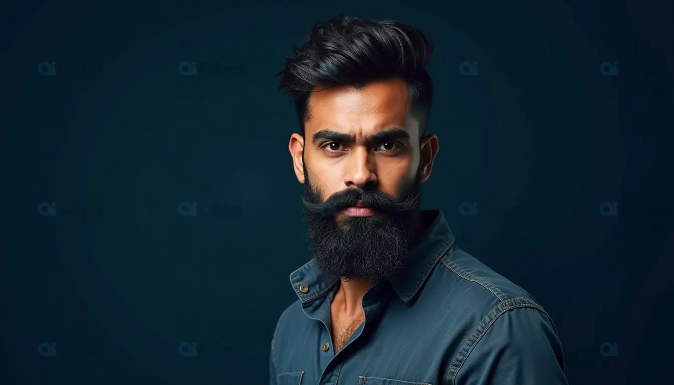 Portrait of a Stylish Indian Man with Full Beard and Mustache