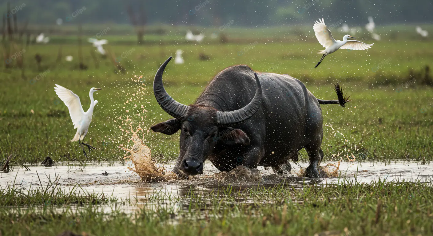 Water Buffalo Splash with Egrets
