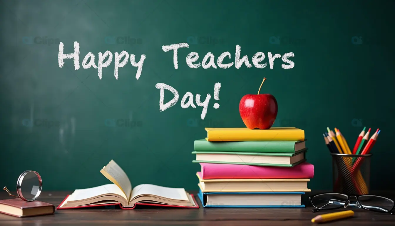 Teacher's Day Blackboard with Books and Apple