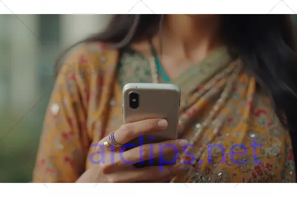 Woman in Traditional Saree Using Smartphone