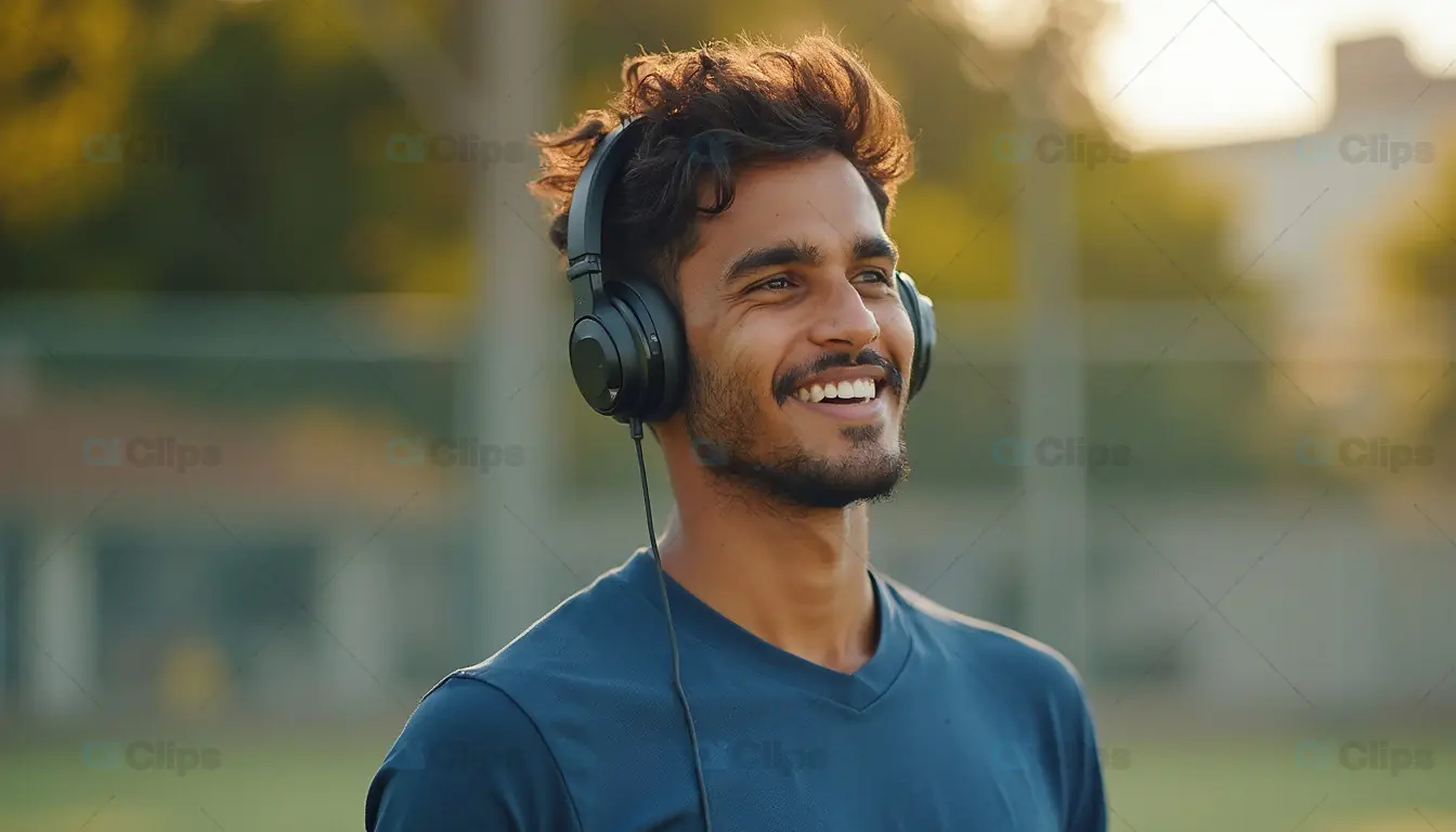 Smiling Man Listening to Music Outdoors
