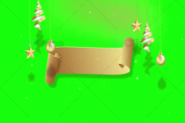 Festive Golden Scroll with Christmas Ornaments on Green Screen