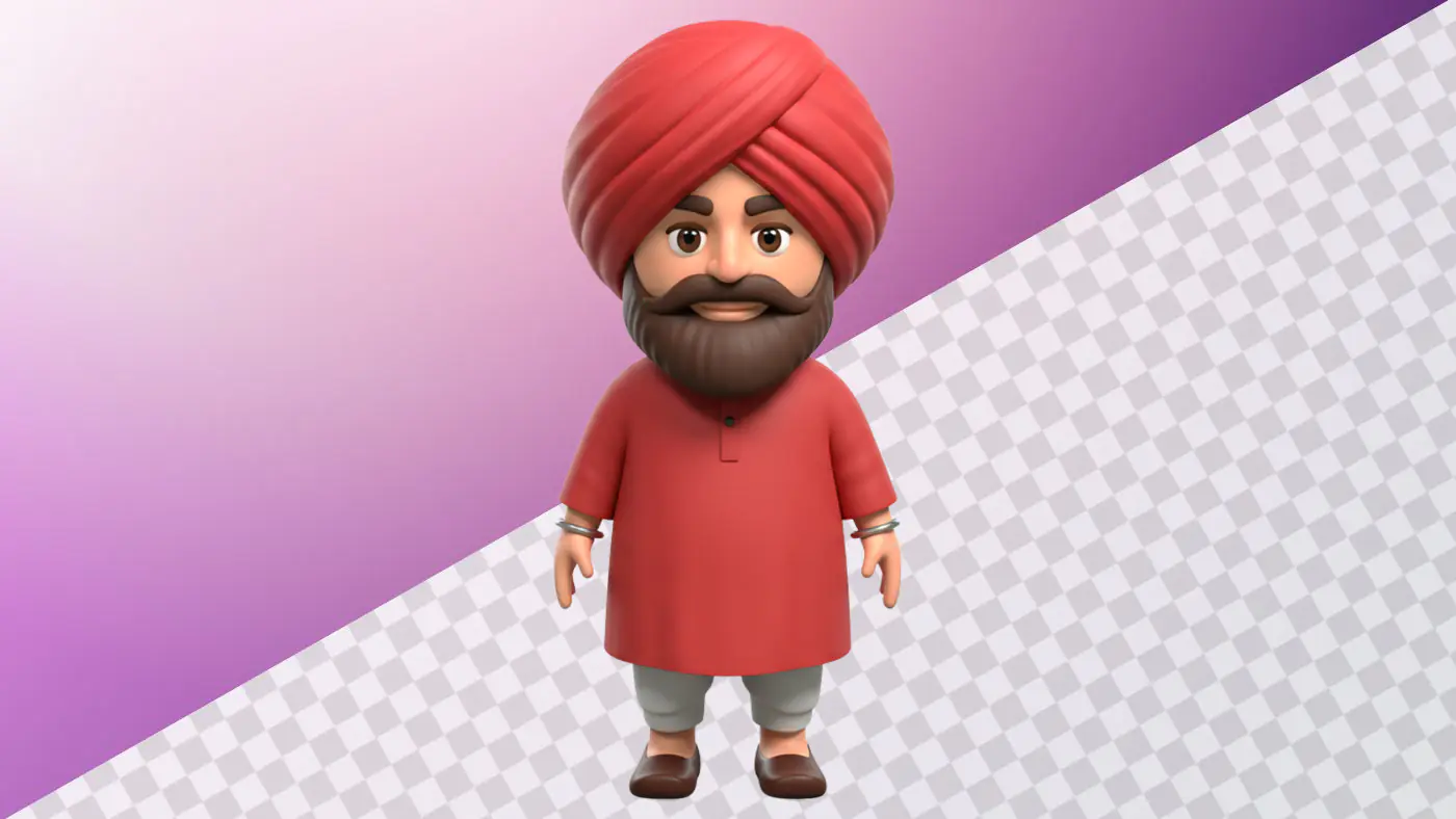 Cartoon Sikh man 3D avatar red turban kurta