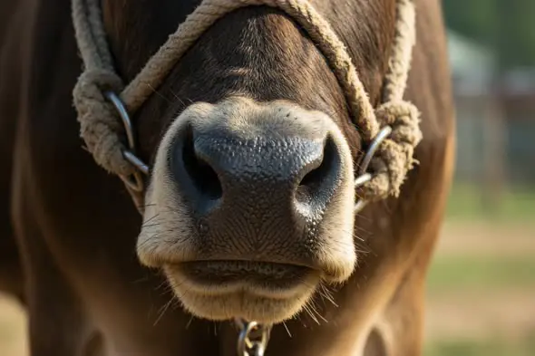 Close-up Shot of Indian Cow Nose with Rope Halter in Natural Farm Setting