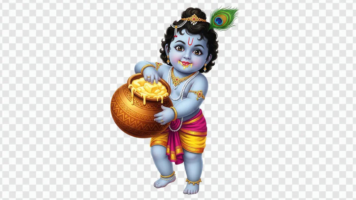 Smiling Baby Krishna with Golden Butter Pot PNG