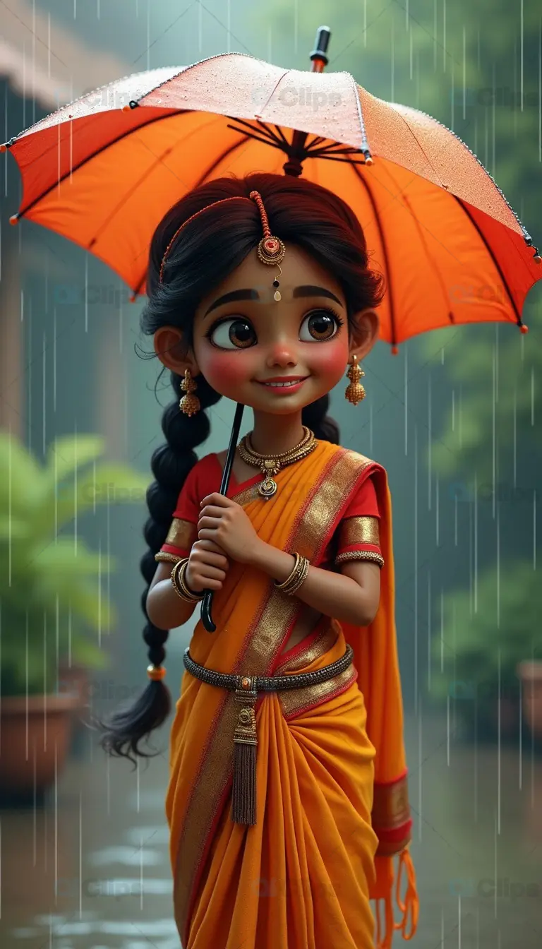 Cute 3D Cartoon Girl in Traditional Saree Holding Umbrella in Rain