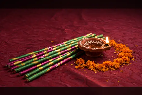 Elegant Navratri Diya with Garba Sticks & Marigold Petals on Maroon Fabric | AIClips Indian Festival