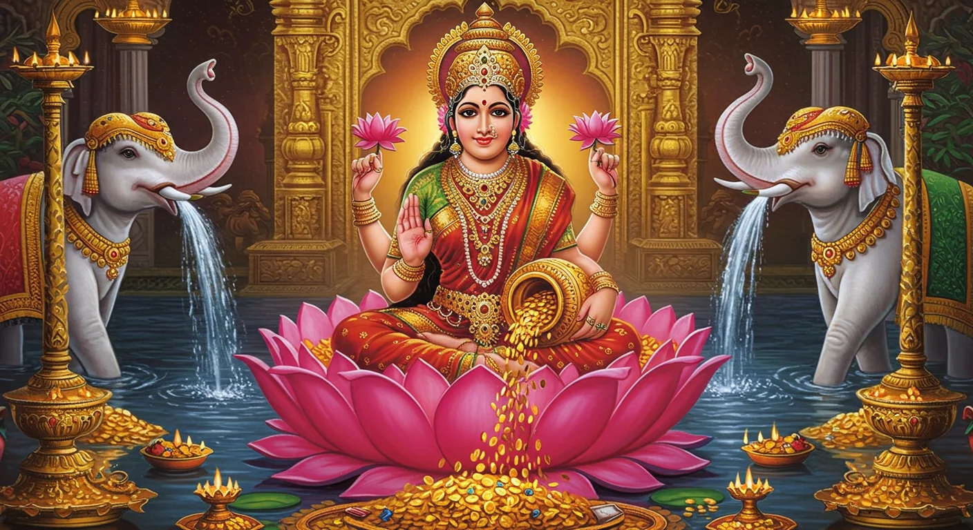 Goddess Lakshmi-Inspired Divine Art – Lotus, Gold Coins & Elephants | AIClips Devotional Thumbnail