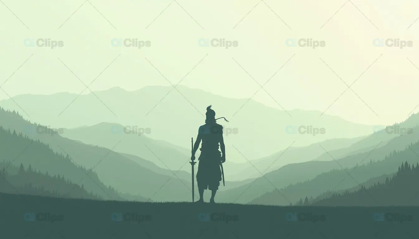 Warrior Overlooking Mountain Ranges