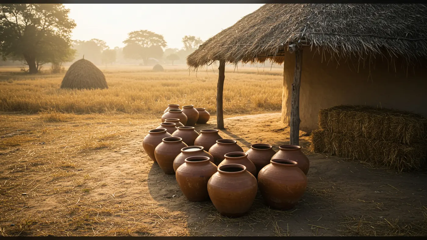 Clay Pots & Thatch Roof Hut in Indian Village Field | Rural Life by AIClips