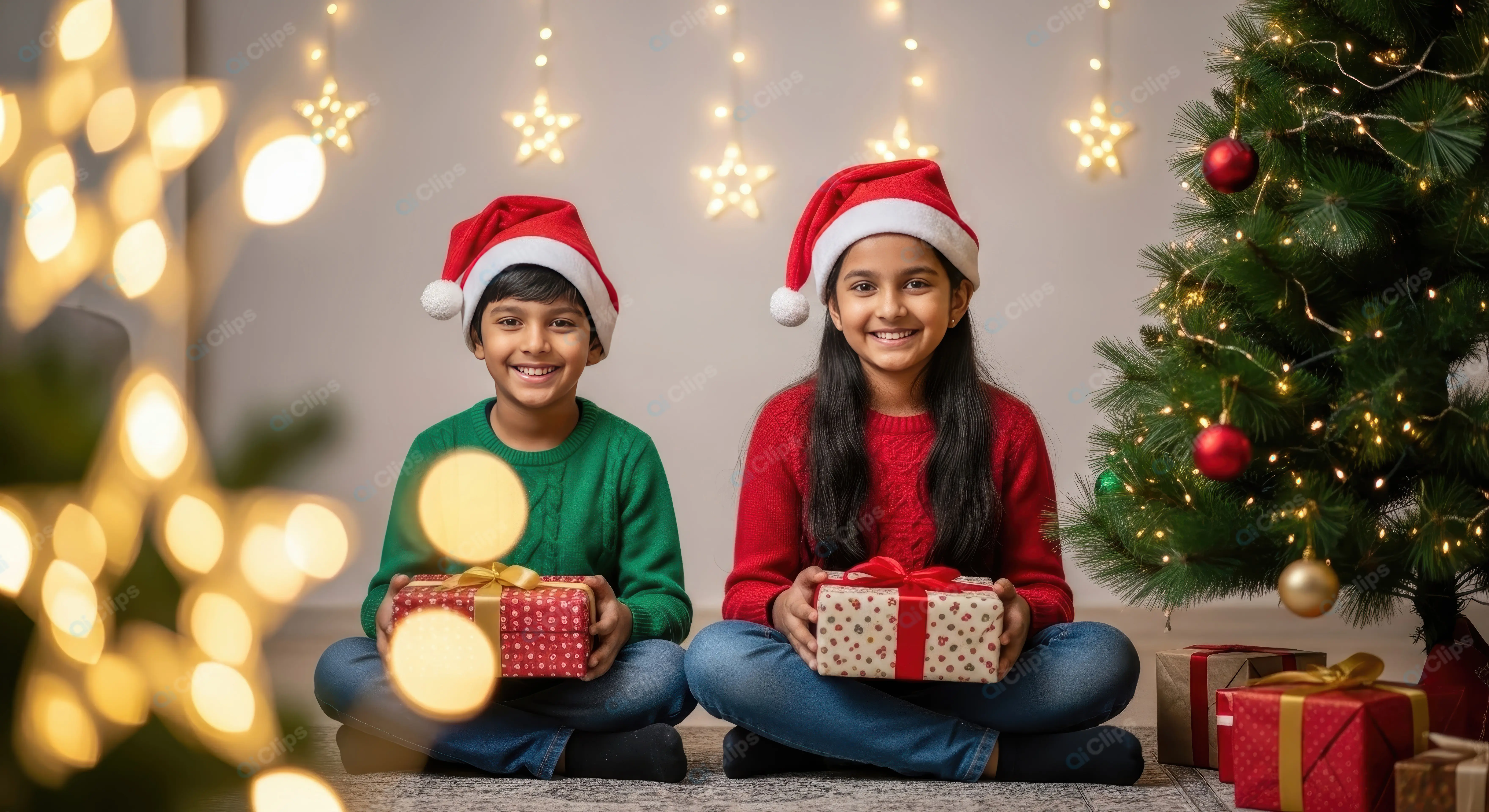 Excited Siblings with Christmas Presents