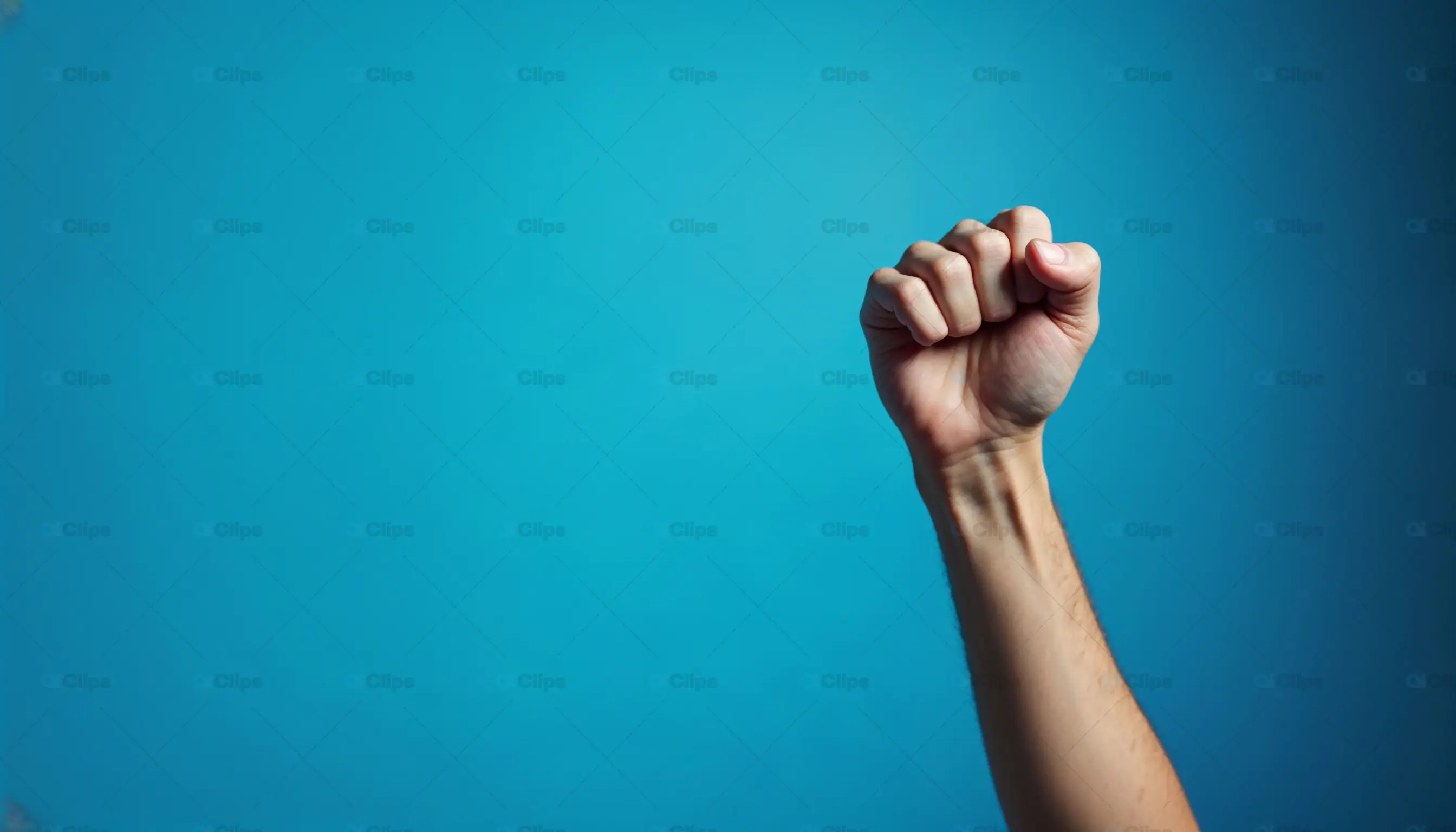 Raised Fist Gesture on Blue Background