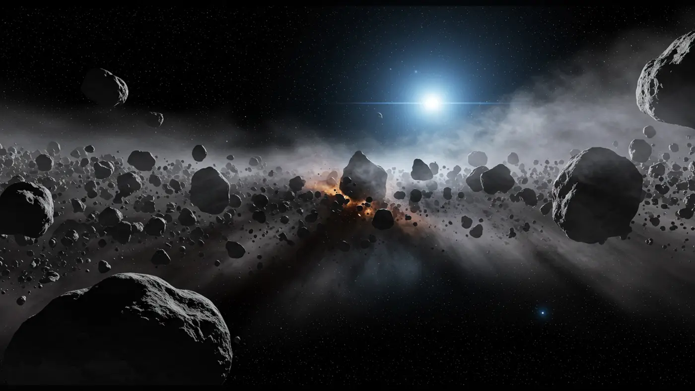 Asteroid Field with Glowing Nebula and Starburst – Outer Space Sci-Fi Scene
