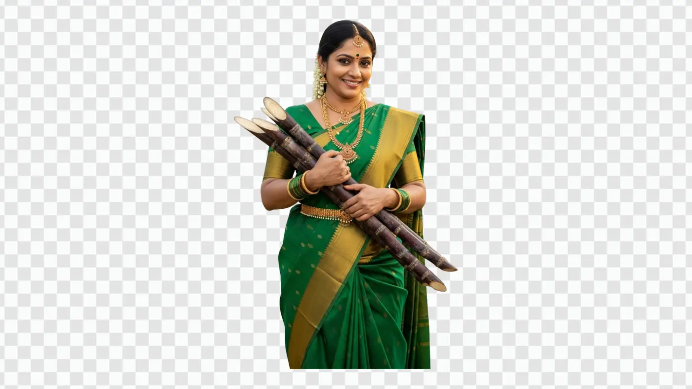 Woman in Green Saree Holding Sugarcane PNG Clipart