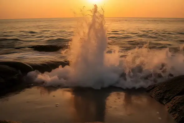 Dramatic Ocean Waves Crashing Against Rocky Shore Sunset