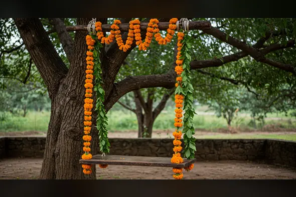 Rustic Floral Swing with Marigold Garland Under Tree | AIClips Traditional Festive Setup