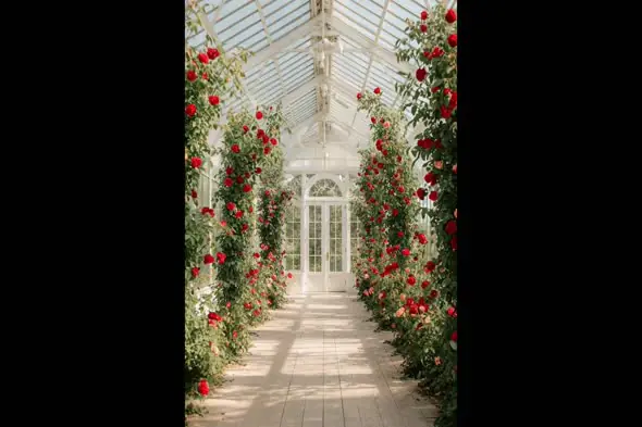 Romantic Flower Hallway with Red Roses and Natural Light