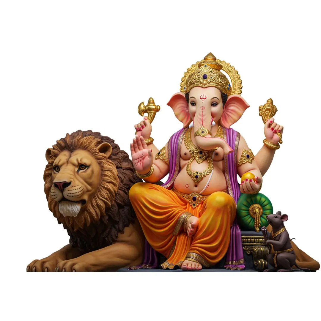 Ganesha Seated on Majestic Lion Statue PNG
