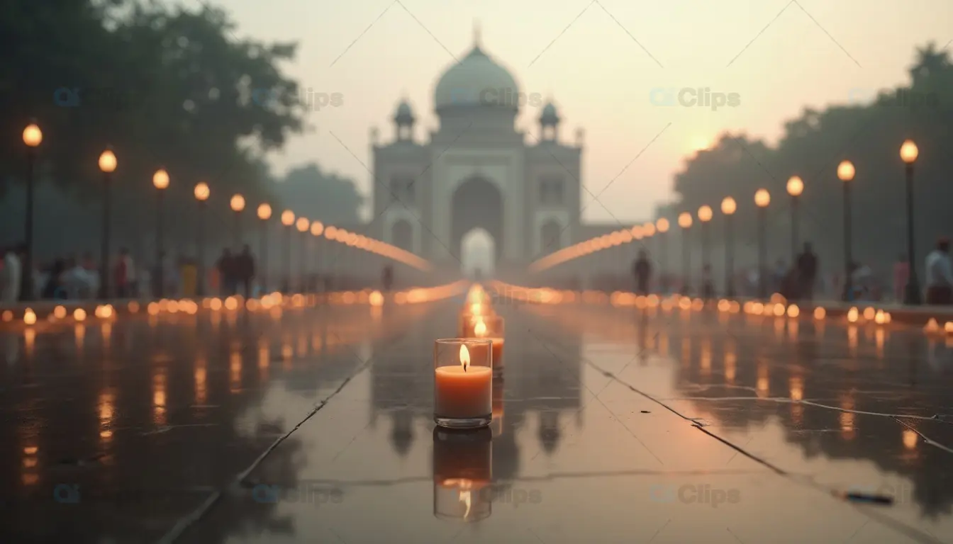 Candlelit Pathway to the Taj Mahal at Dusk