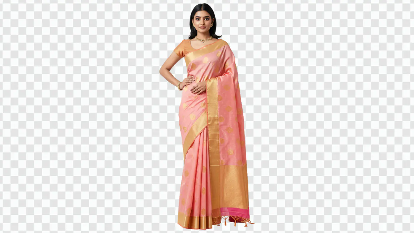 Elegant Woman in Pink Silk Saree PNG Clipart