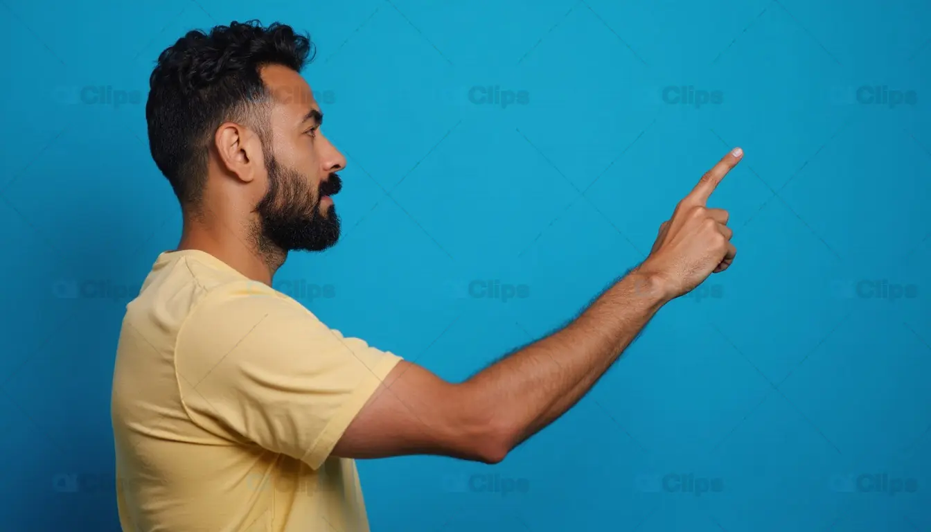 Side Profile Man Pointing Right in Yellow Shirt