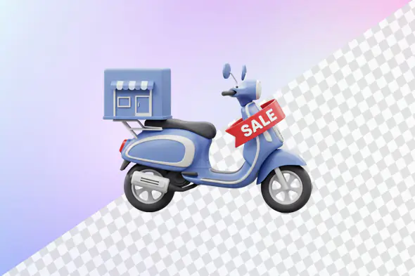 Blue scooter with miniature shop and sale sign
