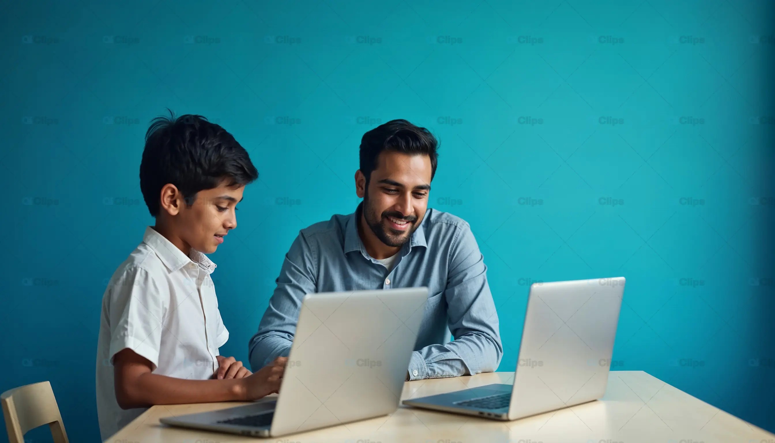 Man and Boy Learning with Laptops