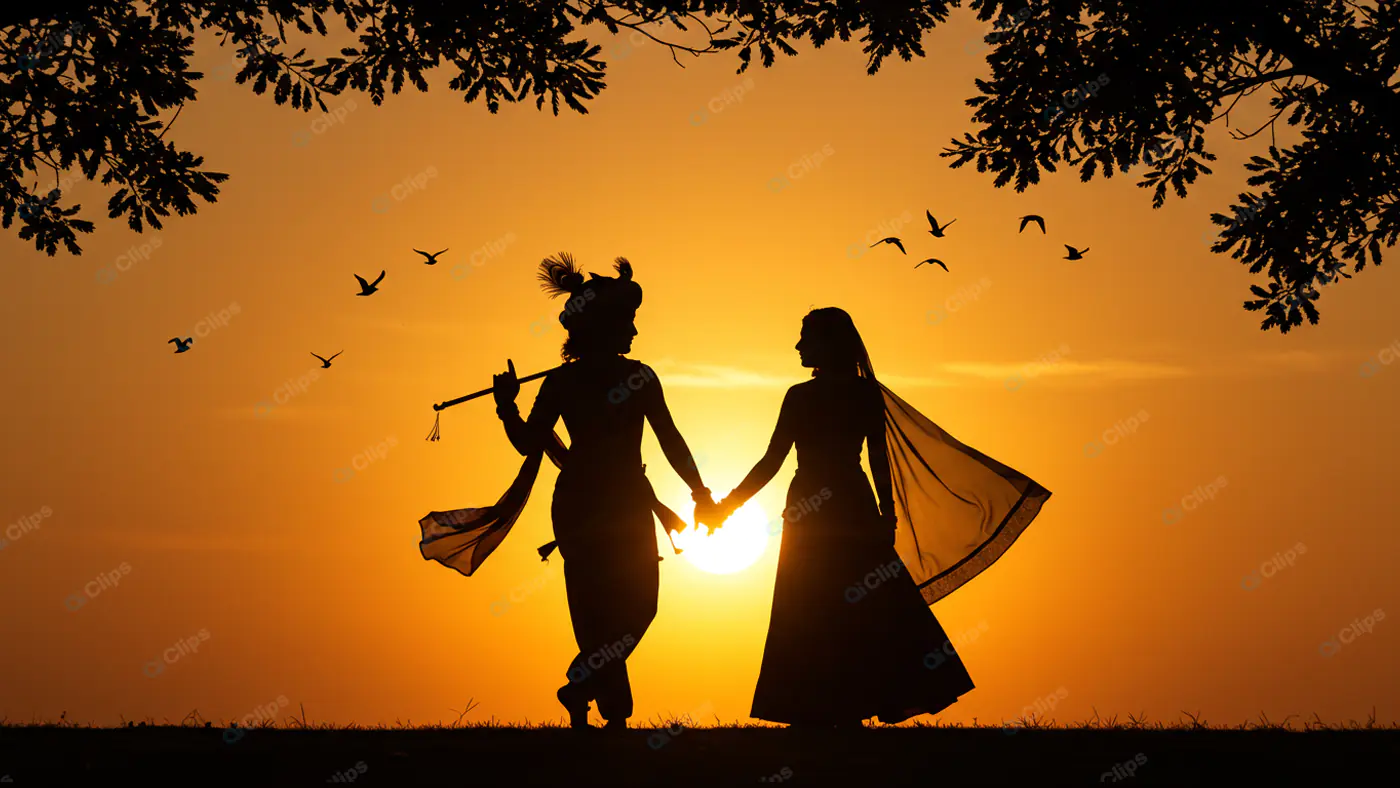 Radha Krishna Silhouette at Golden Sunset