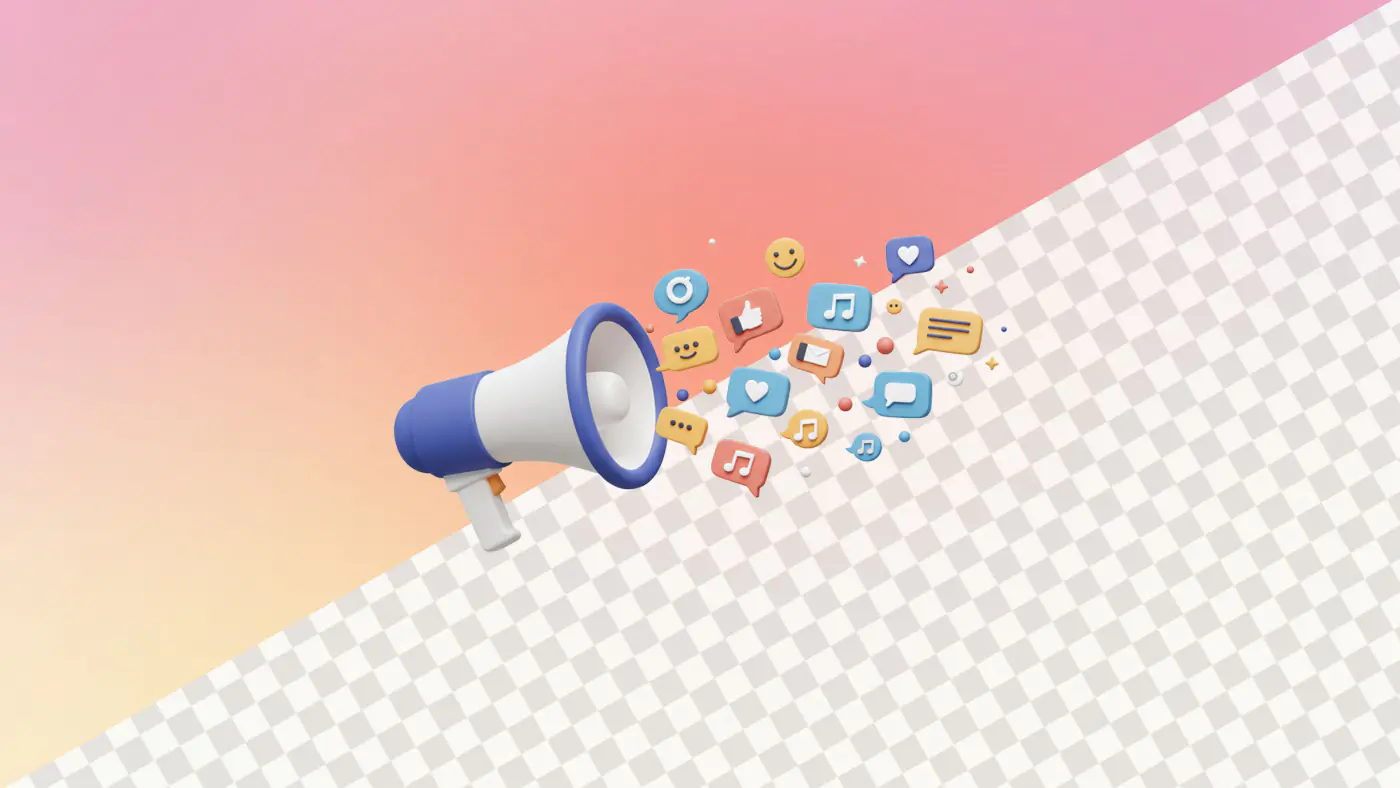 Megaphone broadcasting social media icons and emojis
