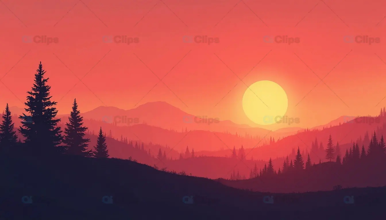 Sunset in Forested Mountains Illustration